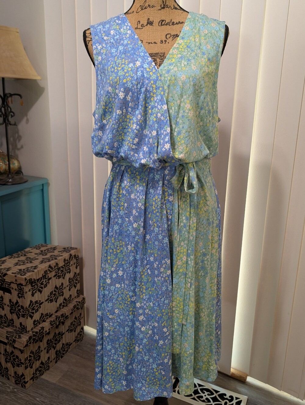 Isaac Mizrahi Blue and Green Floral Faux Wrap Dress